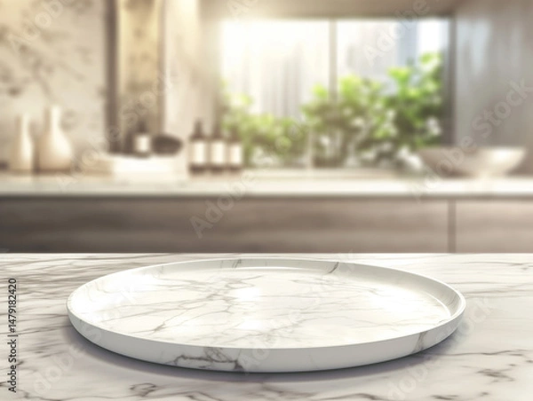 Fototapeta A sleek round marble tray sits on a marble countertop in a sunlit modern kitchen. The soft-focus background features greenery, bottles, and neutral-toned decor, creating a luxurious and serene setting