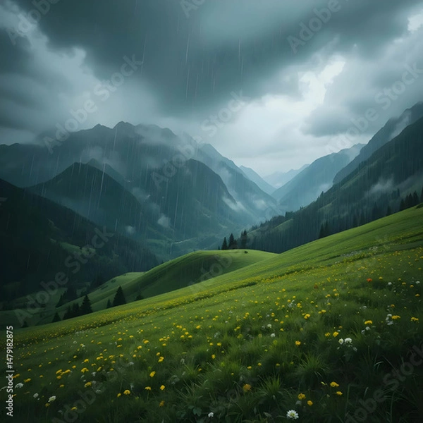Fototapeta A dramatic scene of lush green fields at the mountain base,