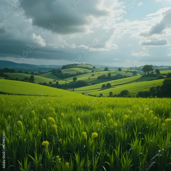 Fototapeta A dramatic scene of lush green fields at the mountain base,