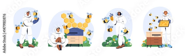 Fototapeta Beekeeping concept set. Apiarists gather honey from beehive. People in costumes do apiculture. Apiary workers pick up harvest from hive in bee garden. Flat isolated vector illustrations on white
