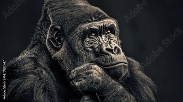 Fototapeta A close-up portrait of a gorilla, looking thoughtful with its head resting on its hand