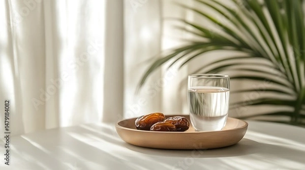 Fototapeta Serene Ramadan scene featuring dates and water glass on wooden tray near window with sunlight and palm leaves