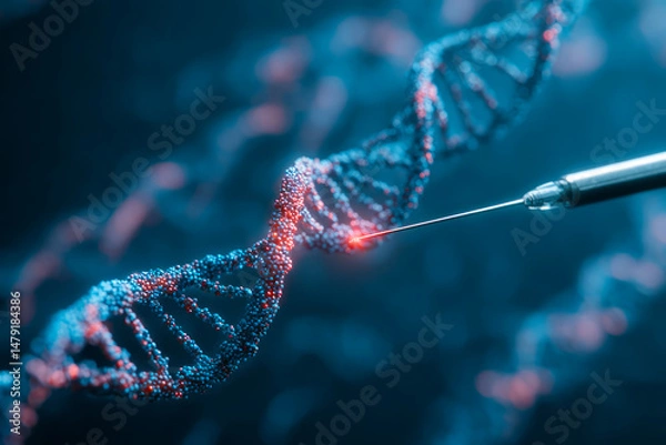 Obraz Macro image of a precision needle editing a glowing digital DNA strand, representing CRISPR genetic modification in a high-tech biomedical environment. ai generative
