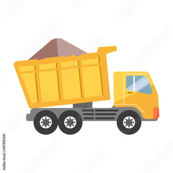 Obraz Yellow cartoon dump truck carrying gravel. Construction vehicle vector illustration.