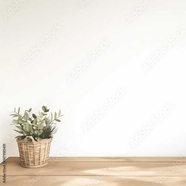 Fototapeta A cozy, minimalist setting featuring a woven basket with greenery placed on a wooden shelf. The neutral background and natural textures create a calm and inviting atmosphere.