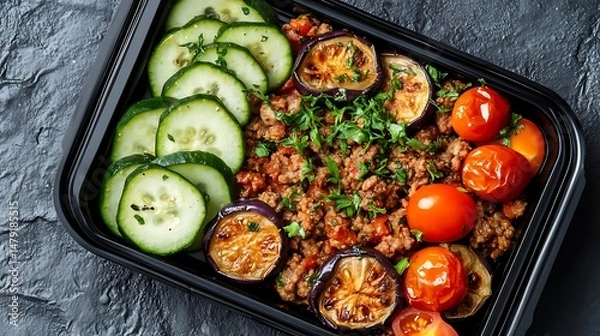 Fototapeta Delicious Ground Meat Meal Prep with Roasted Eggplant, Cucumber, and Tomatoes in a Black Container