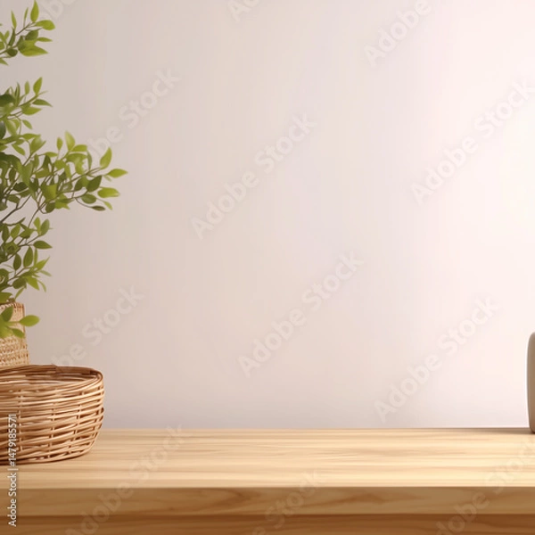 Fototapeta A cozy, minimalist setting featuring a woven basket with greenery placed on a wooden shelf. The neutral background and natural textures create a calm and inviting atmosphere.