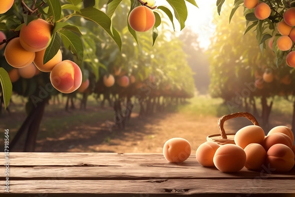 Fototapeta A close-up view of fresh peaches on a wooden table with peach trees in the background, bathed in warm sunlight. The scene conveys a rustic, tranquil atmosphere, evoking the harvest season.

