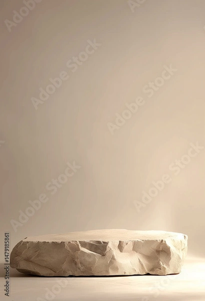 Fototapeta A natural stone slab serves as a minimalist pedestal, softly lit against a neutral background. A dried botanical sprig adds an organic touch to this serene and earthy setting.