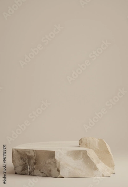 Fototapeta A rectangular marble pedestal with soft beige veining is set against a smooth, neutral background. The minimalist setup evokes elegance, simplicity, and a modern aesthetic.