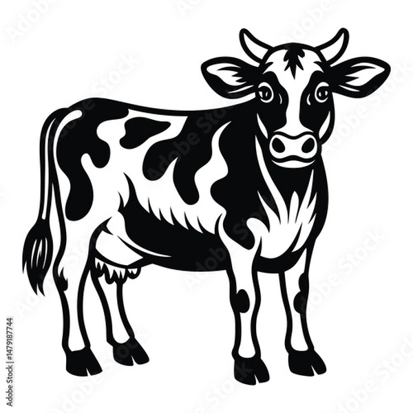 Fototapeta Cow animal vector silhouette with a white background, drawn in a woodcut style with simple line art