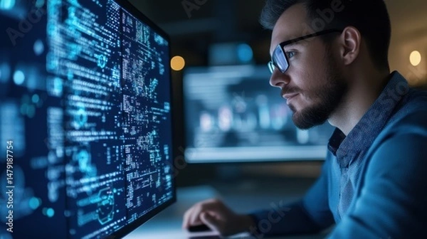 Obraz Young Man Analyzing Data on Computer Screen in Dark Environment
