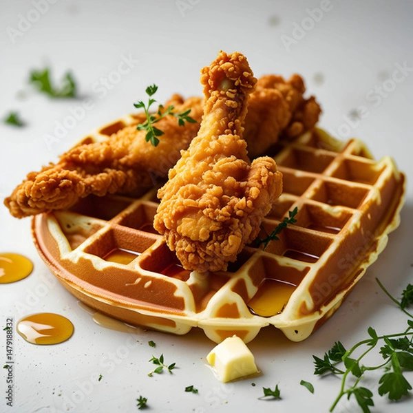 Fototapeta Crispy chicken tenders paired with fluffy waffles, beautifully plated
