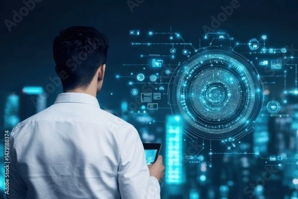 Obraz Man Analyzing Digital Data in Urban Nightscape with Technology Interface