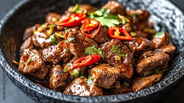Fototapeta Delicious Beef Stir Fry Dish with Chili Peppers and Cilantro Garnish in a Black Bowl