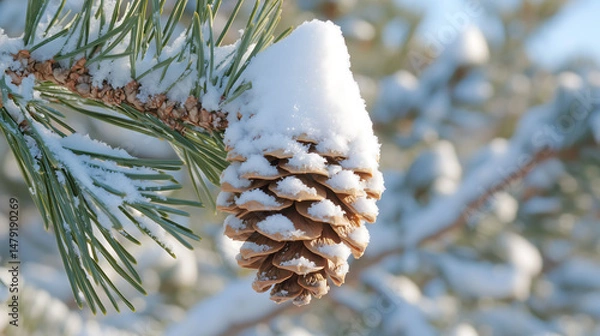 Obraz A snow-covered pine cone hangs from a snowy pine branch, set against a soft, blurred winter background, capturing a peaceful and seasonal scene.