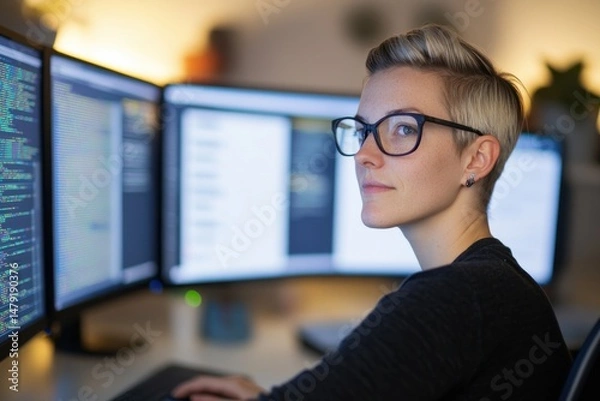Obraz Young Professional Female Coder Working at Dual Computer Monitors