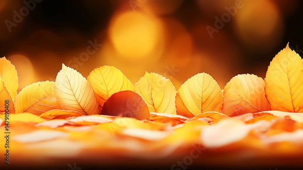 Obraz Close-up of autumn leaves in soft tones, surrounded by vibrant yellow and orange foliage on a bright sunny day, creating a magical and serene atmosphere.