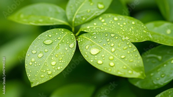Obraz Close-up of leaves with water drops under soft, dreamy lighting, creating a magical and serene atmosphere full of natural beauty and calm.