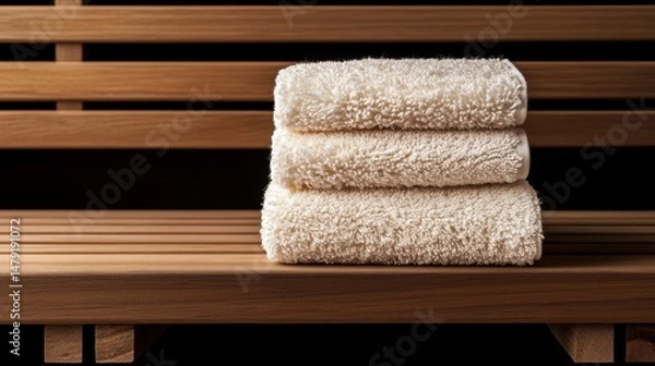 Fototapeta Stack of Fluffy White Towels on Wooden Bench in Sauna Spa Environment Still Life Close Up Studio Shot