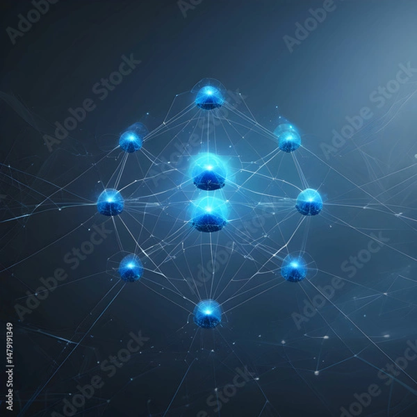 Fototapeta A digital abstract background with glowing blue nodes and connecting lines,