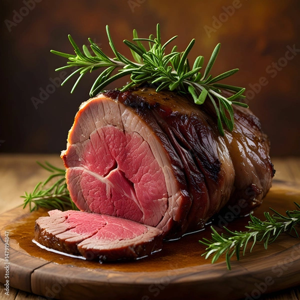 Fototapeta Tender pink meat with a precise cut, served on rustic wood and delicately topped