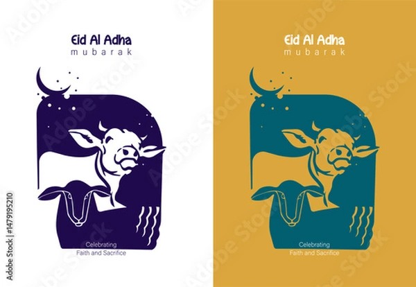 Fototapeta Eid Al-adha mubarak text with sheep illustration, muslim sacrifice festival.