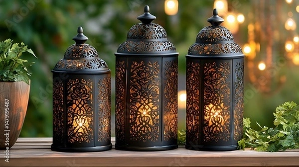 Fototapeta Elegant Black Metal Lanterns with Intricate Cutouts Illuminate Outdoor Evening Setting