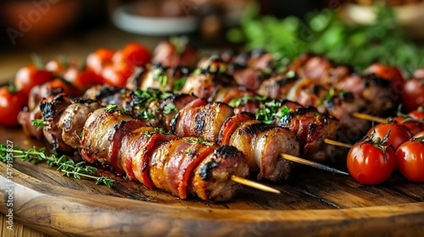 Fototapeta Delicious Bacon-Wrapped Pork Skewers Grilled to Perfection on Wooden Board with Cherry Tomatoes and Herbs