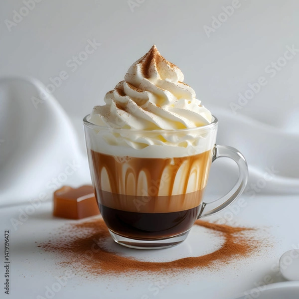 Fototapeta A luxurious caramel cream coffee with velvety texture, golden-brown drizzle, isolated on a minimalist light background,