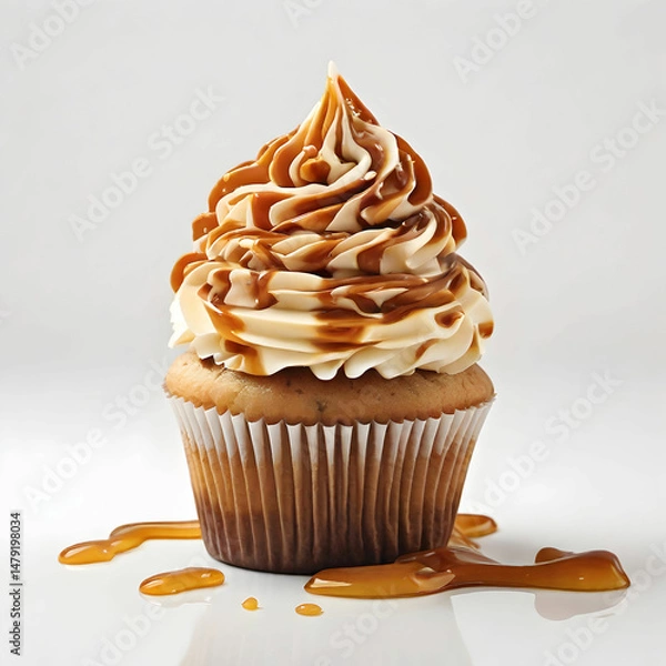 Fototapeta A delicious caramel swirl cupcake, topped with a smooth, glossy caramel drizzle, isolated against a clean background.