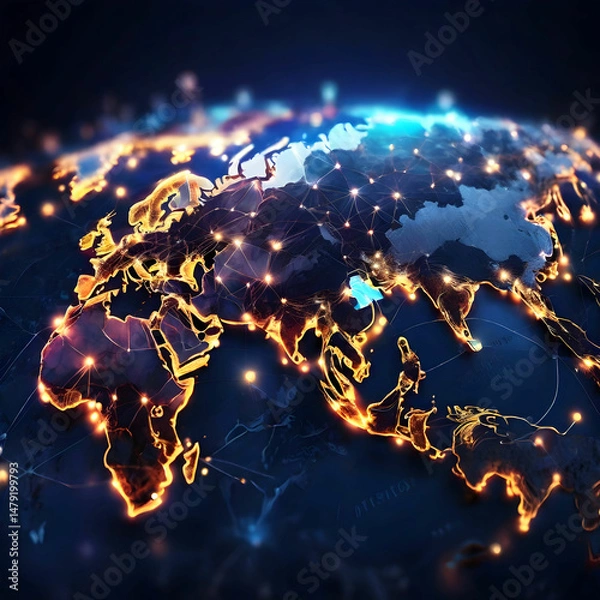 Fototapeta A digital world map with illuminated connections, representing global network links and modern technology in a high-tech design.