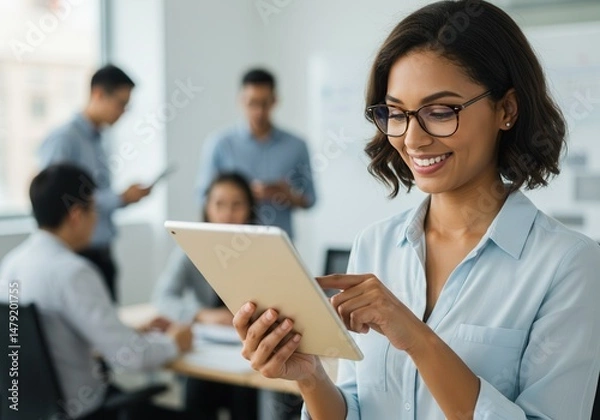 Fototapeta Smiling woman using a tablet device in a bright office setting with colleagues