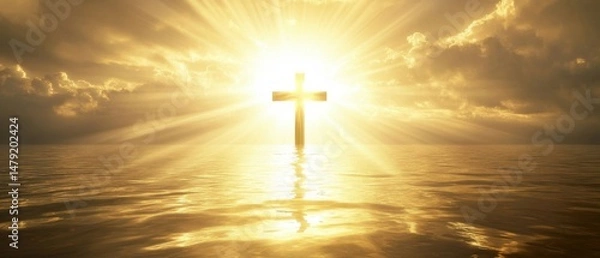 Fototapeta Christian Cross Shining Brightly Over Calm Water at Sunset with Golden Light Rays and Clouds Symbolizing Faith and Hope