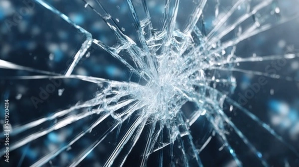 Fototapeta Shattered glass, spiderweb cracks radiating outwards, dark blue background with bokeh effect.