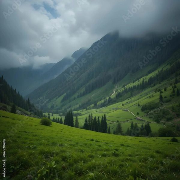 Fototapeta A dramatic scene of lush green fields at the mountain base,