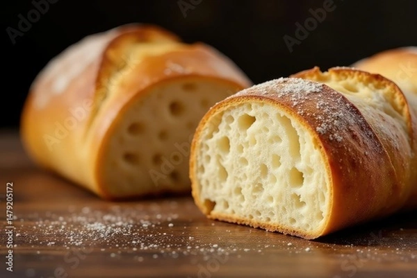 Obraz Golden-brown crusty baguette, sliced revealing airy crumb , food, carbs, golden