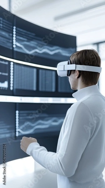 Obraz Person Using Virtual Reality Headset in Modern Data Analysis Environment