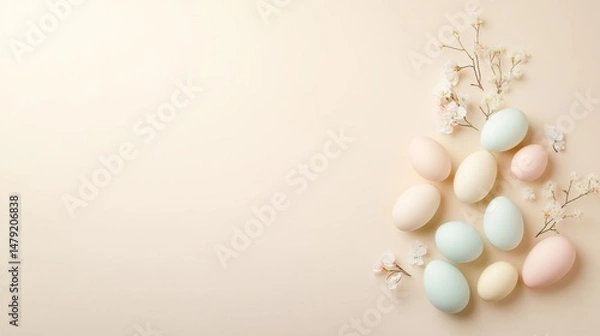 Obraz Pastel Easter Eggs with Delicate Flowers on Neutral Background