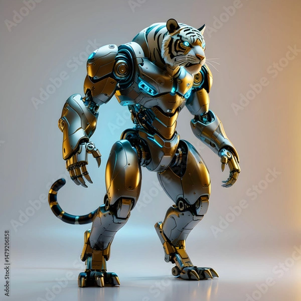 Fototapeta A sleek robotic Tiger with metallic limbs and glowing eyes,