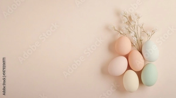 Obraz Pastel Easter Eggs with Delicate Flowers on Soft Beige Background