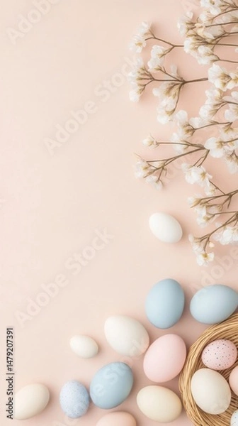 Obraz Delicate Easter Eggs and Flower Arrangement on Soft Peach Background