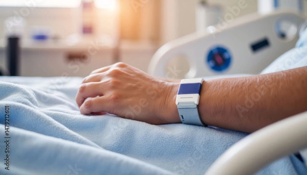 Fototapeta Patient Hand with Wristband Resting on Bed in Hospital Room for Healthcare Blogs, Medical Awareness Websites, Patient Care Articles, and Emotional Healing Resources