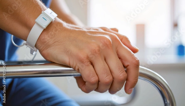Fototapeta Patient's Hand on Wheelchair Armrest in Medical Setting for Health Blogs, Accessibility Awareness, Rehabilitation Resources, and Healthcare Websites