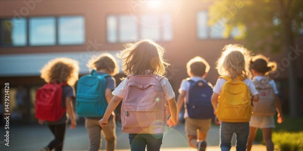 Obraz Educational background. Back to school concept with a group of children walking happily on a backpack walking to the school building in the sun
