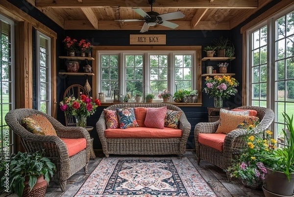 Fototapeta Cozy sunroom with dark blue walls, wooden ceiling, white-trimmed windows, natural light, colorful cushions, and sliding glass door leading to patio.