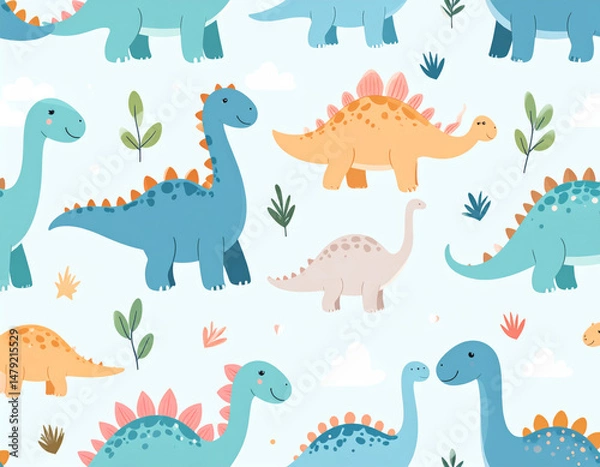 Fototapeta Cute dinosaur pattern featuring various colorful dinosaurs on light blue background, surrounded by small plants and clouds, creating playful and cheerful atmosphere