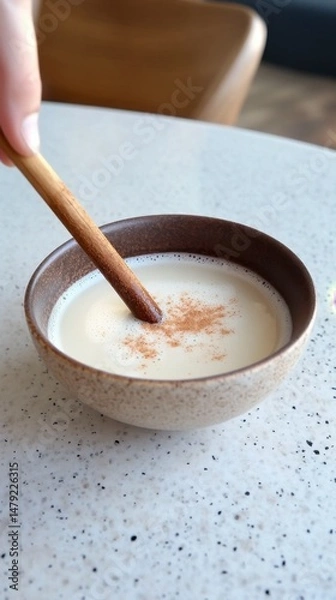 Fototapeta Creamy Beverage with Cinnamon Stirred by Wooden Spoon in Bowl