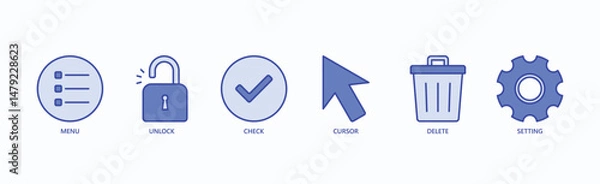 Obraz Essential Ui Icon Set Isolated Vector Illustration Concept With Icon Of Menu, Unlock, Check, Cursor, Delete, Setting In Blue Style