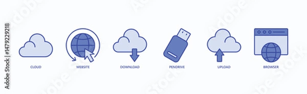Obraz Cloud And Web Utilities Icon Set Isolated Vector Illustration Concept With Icon Of Cloud, Website, Download, Pendrive, Upload, Browser In Blue Style